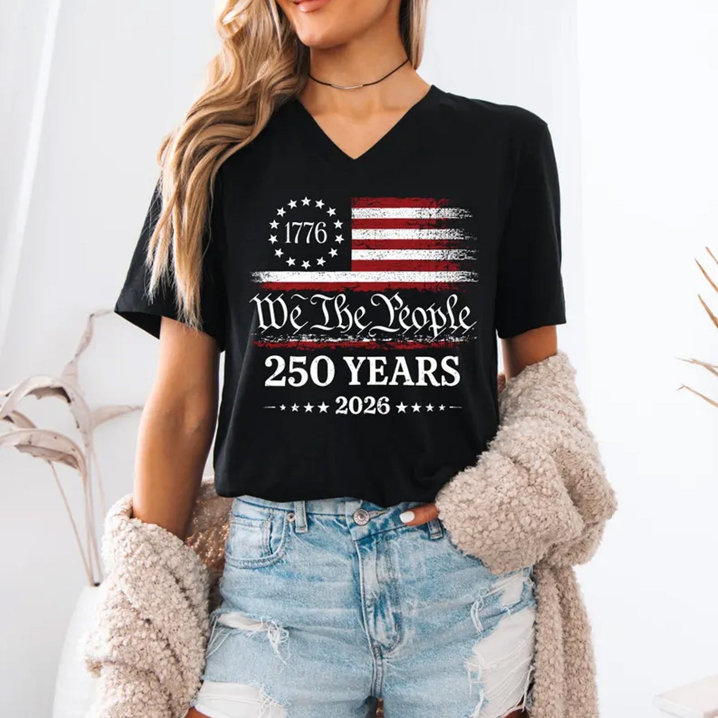 250 Years of Freedom America V-Neck Shirt, We The People Patriotic Women Tee, USA Flag 1776-2026 Shirt 685346
