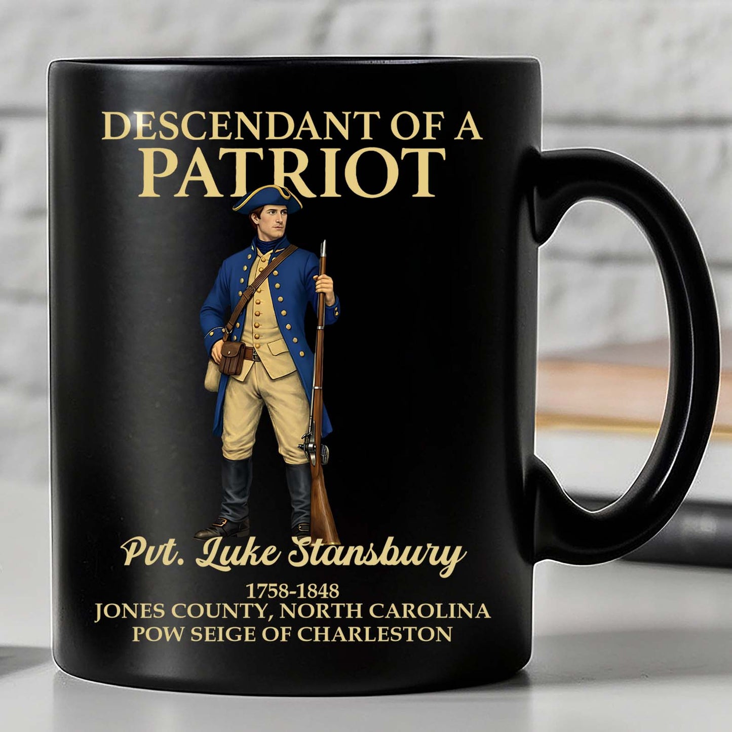 Custom Name Descendant of a Patriot Black Mug | Personalized DAR SAR Coffee Mug | 4th of July Gift 684383