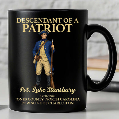 Custom Name Descendant of a Patriot Black Mug | Personalized DAR SAR Coffee Mug | 4th of July Gift 684383