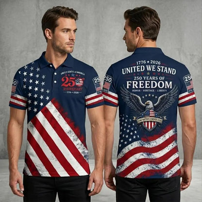 250 Years Patriotic Golf Polo Shirt, USA Flag AOP Polo for Men, 4th of July Independence Day Shirt 685119