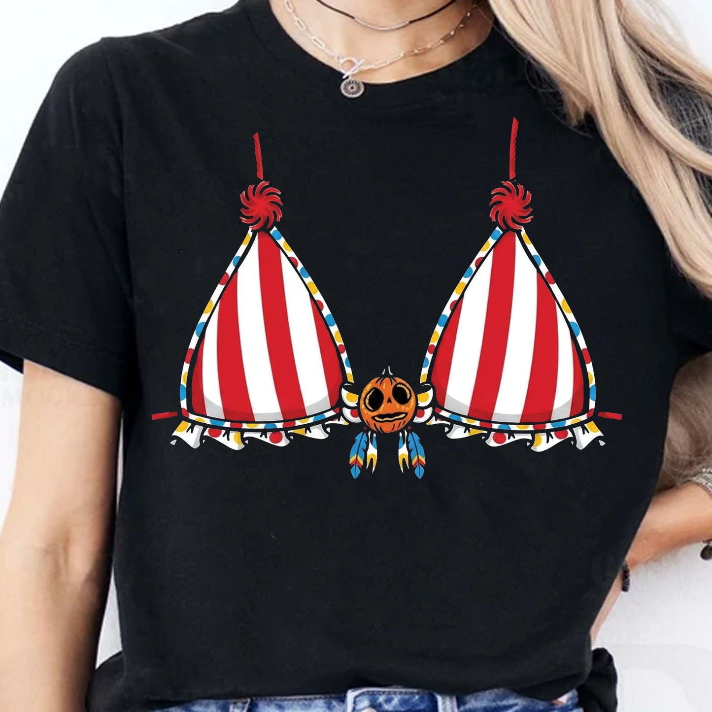 Funny Halloween Bikini Shirt, Spooky Pumpkin Bra Graphic Tee, Carnival Circus Halloween Gift 685915