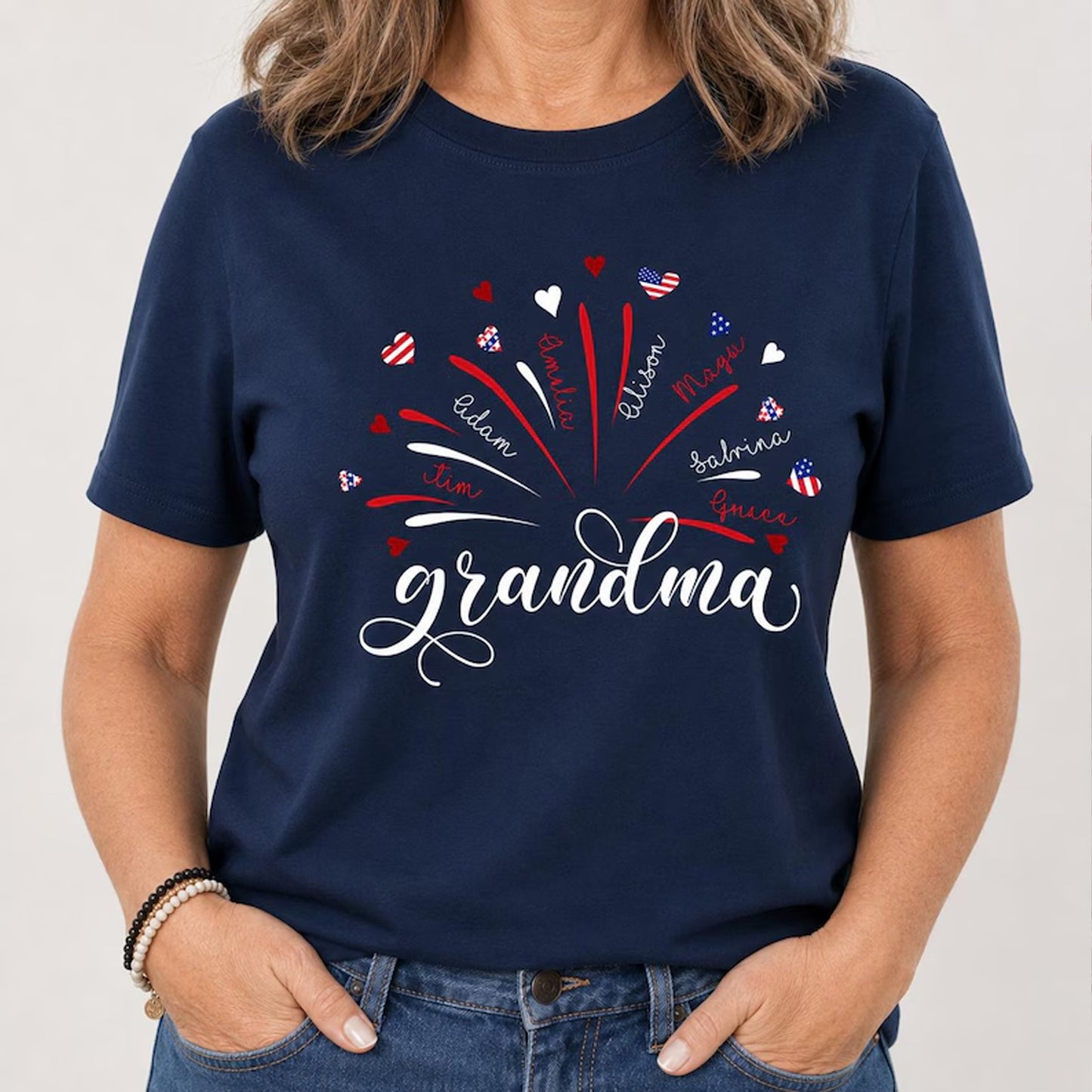 Personalized Grandma Kids Names Firework Shirt, Patriotic 250 Years Nana Mimi Gigi 4th of July Tee 685206 WFD