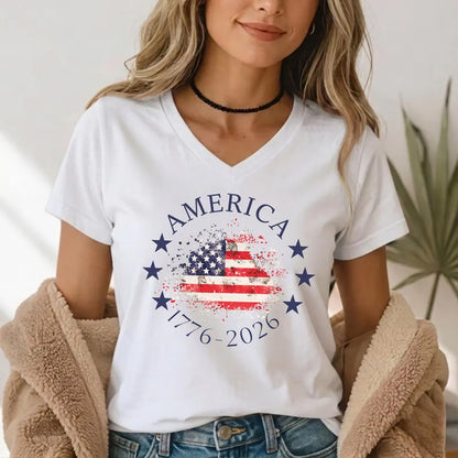 250 Years USA Anniversary V-Neck Shirt, America 1776-2026 Patriotic Flag Women Tee 685342 WFD