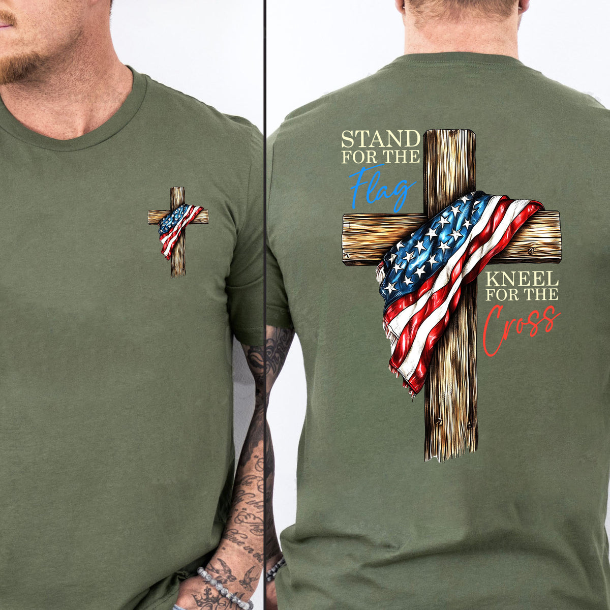 Stand For The Flag Kneel For The Cross Shirt | Patriotic Christian Tee | USA Flag Cross 4th of July Pocket & Back Shirt 683191