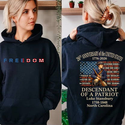 Personalized Freedom 250 Years USA Shirt | Custom Name Descendant of a Patriot Front & Back Shirt 684452