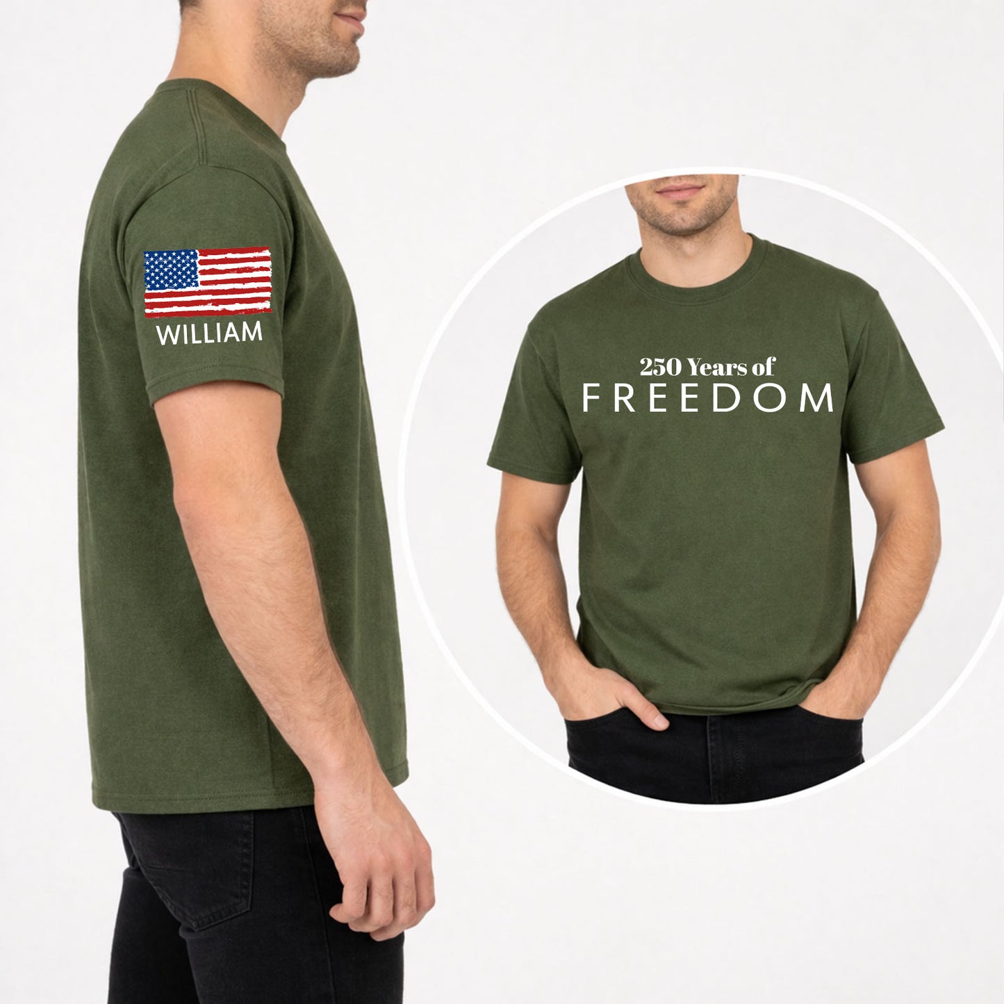Personalized 250 Years Of Freedom Dark Shirt | Custom Name Patriotic 4th of July Front & Right Sleeve Shirt 684610