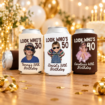 Personalized Birthday Can Cooler, Custom Photo Look Who's 30 40 50 Birthday Party Favors, Can Sleeve for Drinks 686860 WFD