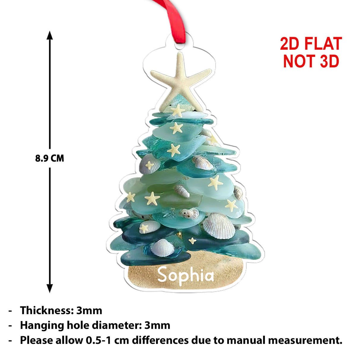 Personalized Sea Glass Christmas Tree 2D Flat Acrylic Ornament | Custom Name Coastal Ornament 683474