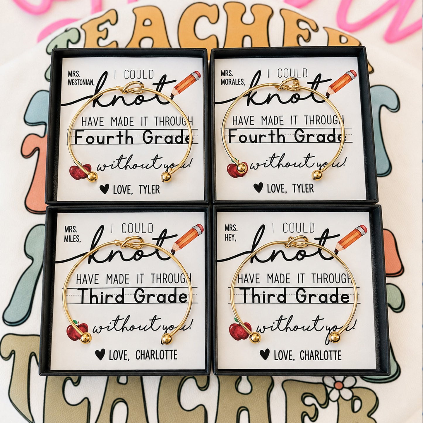 Custom Teacher Knot Bangle, Personalized Teacher Appreciation Gift, Bracelet with Gift Box & Card 685809 WFD