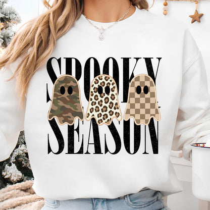Retro Patchwork Ghosts Halloween Shirt, Checkered Leopard Camo Ghost Tee, Trendy Spooky Season Fall Shirt 685864