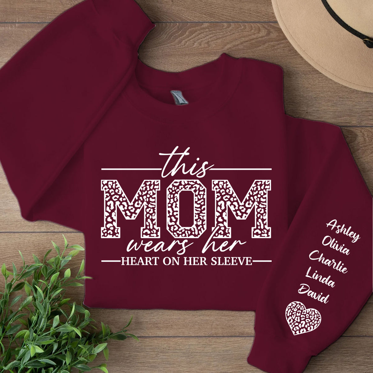 Custom Sweatshirt with Kids’ Names on Sleeve, I Wear My Heart on My Sleeve Personalized Name Sweater, Front & Left Sleeve Print 683983