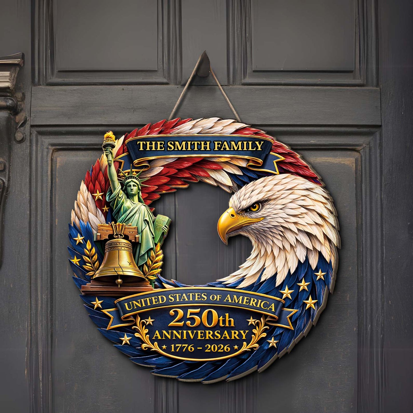 Custom Family Name Patriotic Wooden Sign | USA 250 Years Anniversary Eagle Liberty Bell Wall Decor 684523