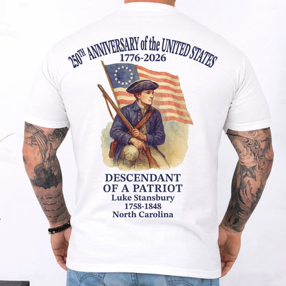 Custom Name 250 Years of America Backside Shirt | Personalized Descendant of a Patriot | Patriotic 1776–2026 Tee 684228