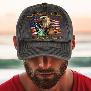 America 250 Years 1776–2026 Printed Vintage Washed Denim Baseball Cap | Patriotic 4th of July Hat 683639