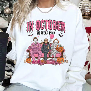 In October We Wear Pink Shirt, Breast Cancer Awareness Tee, Horror Characters Halloween T-Shirt 683310