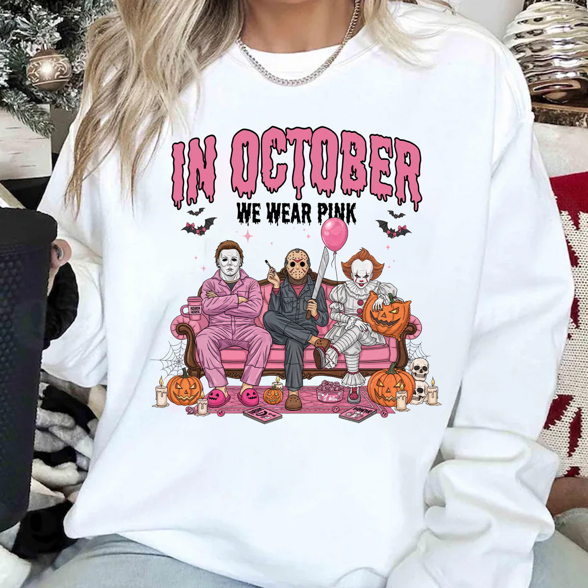 In October We Wear Pink Shirt, Breast Cancer Awareness Tee, Horror Characters Halloween T-Shirt 683310