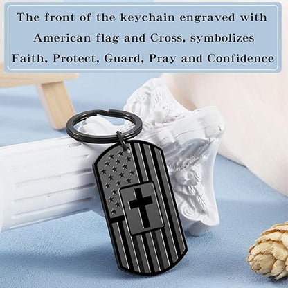 Christian Gift Keychain, Bible Verse Dog Tag Cross Keychain, Black American Flag Keyring, Faith Gift for Men 684047