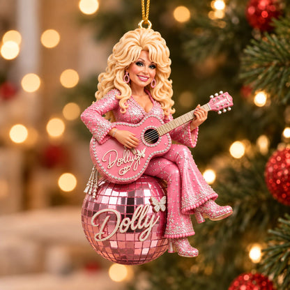 Dolly Parton 3D Relief White Acrylic Ornament, Pink Disco Ball Country Music Christmas Ornament 686094