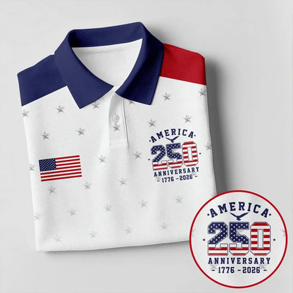 250 Years of America Golf Polo Shirt, Patriotic USA Flag 1776-2026 AOP Golf Polo Tee 685217