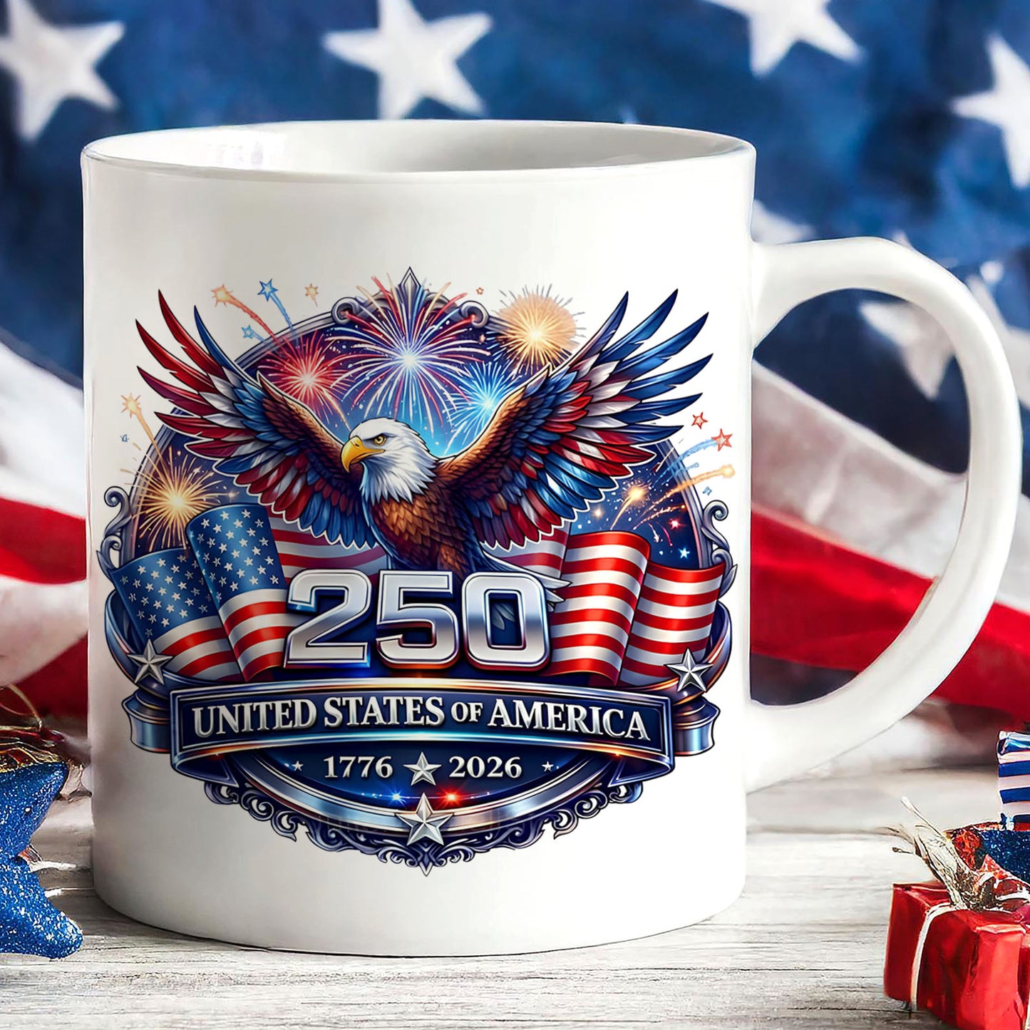 USA 250 Years Anniversary Mug | Patriotic Eagle 1776–2026 Coffee Mug | 4th of July White Mug Accent Mug 684222
