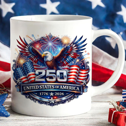 USA 250 Years Anniversary Mug | Patriotic Eagle 1776–2026 Coffee Mug | 4th of July White Mug Accent Mug 684222