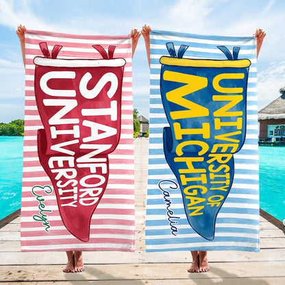 Personalized College Pennant Beach Towel, Custom School Spirit Towel, Graduation Gift High School University 684827