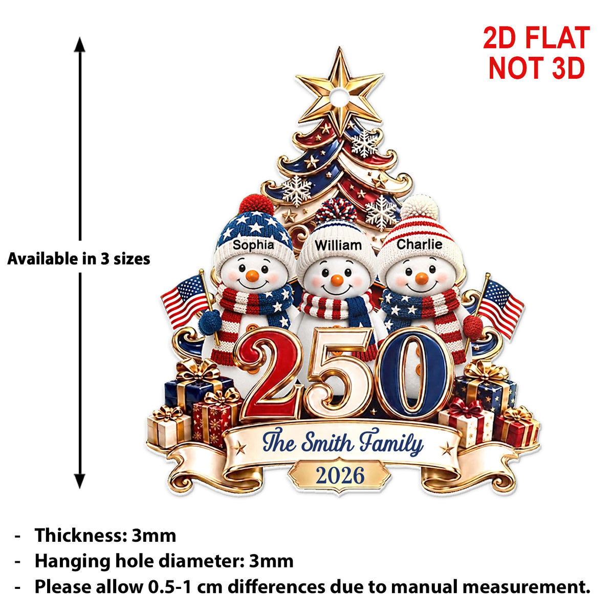 Custom 250 Years of America Snowman Acrylic Ornament, Personalized Family Name Christmas Ornament 685960