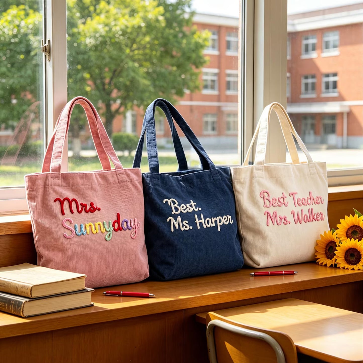 Personalized Corduroy Teacher Tote Bag, Custom Crochet Name Tote, Back to School Bag 685526 WFD