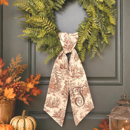 Personalized French Toile Wreath Sash, Embroidered Monogram Bow, Custom Initial Front Door Decor 686156 WFD