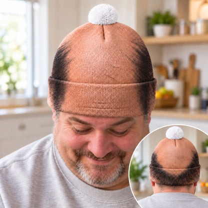 Funny Bald Head Beanie Hat, Novelty Hair Print Knit Hat with Pom Pom, Gag Gift for Men Dad Husband 686800 WFD