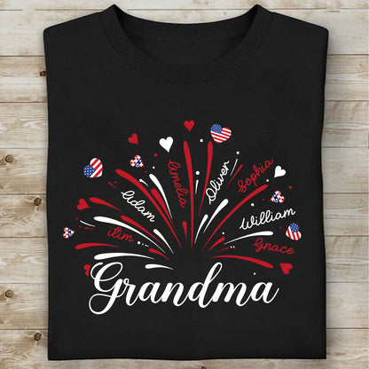Personalized Grandma Kids Names Firework Shirt, Patriotic 250 Years Nana Mimi Gigi 4th of July Tee 685206