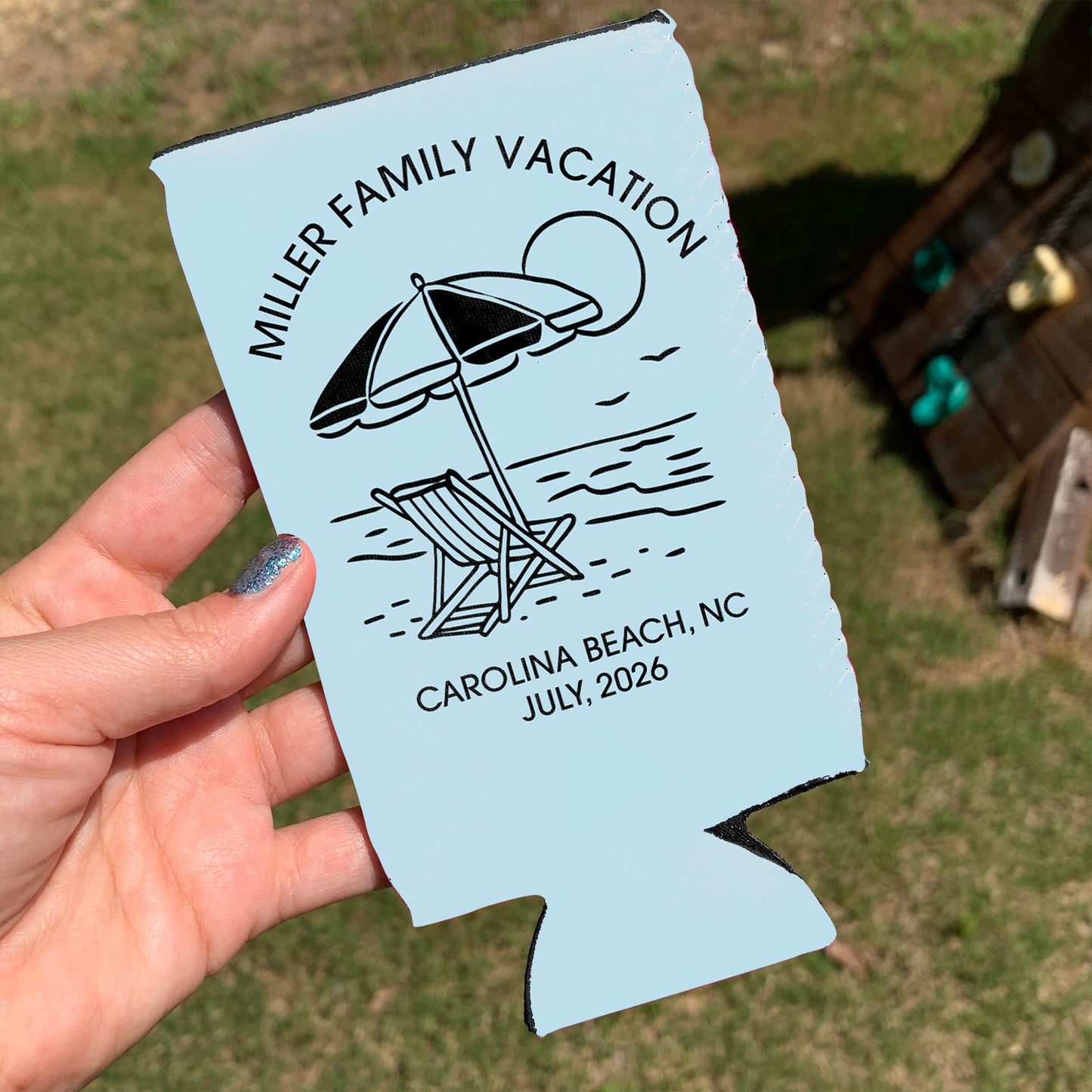 Personalized Beach Vacation Can Cooler, Custom Family Reunion Can Sleeve, Summer Party Favor, Beach Trip Gift 685508