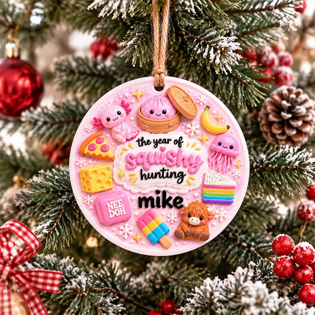 Personalized Squishy Hunting Christmas 3D Relief White Acrylic Ornament, Custom Name Kawaii Kids Gift 686346 WFD