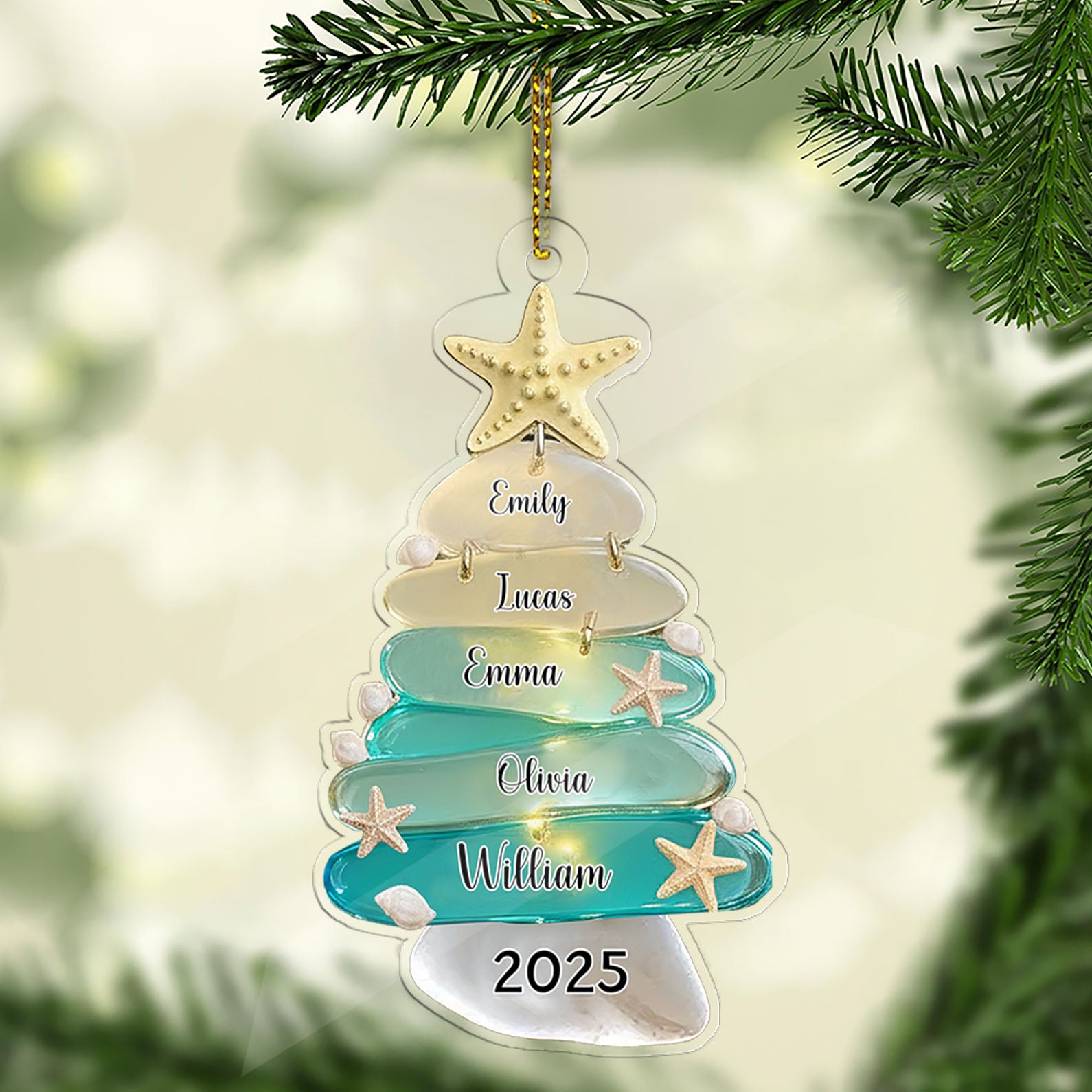 Personalized Family Sea Glass Effect 2D FLAT Acrylic Ornament | Custom Name Ocean Style Family Christmas Ornament 683472