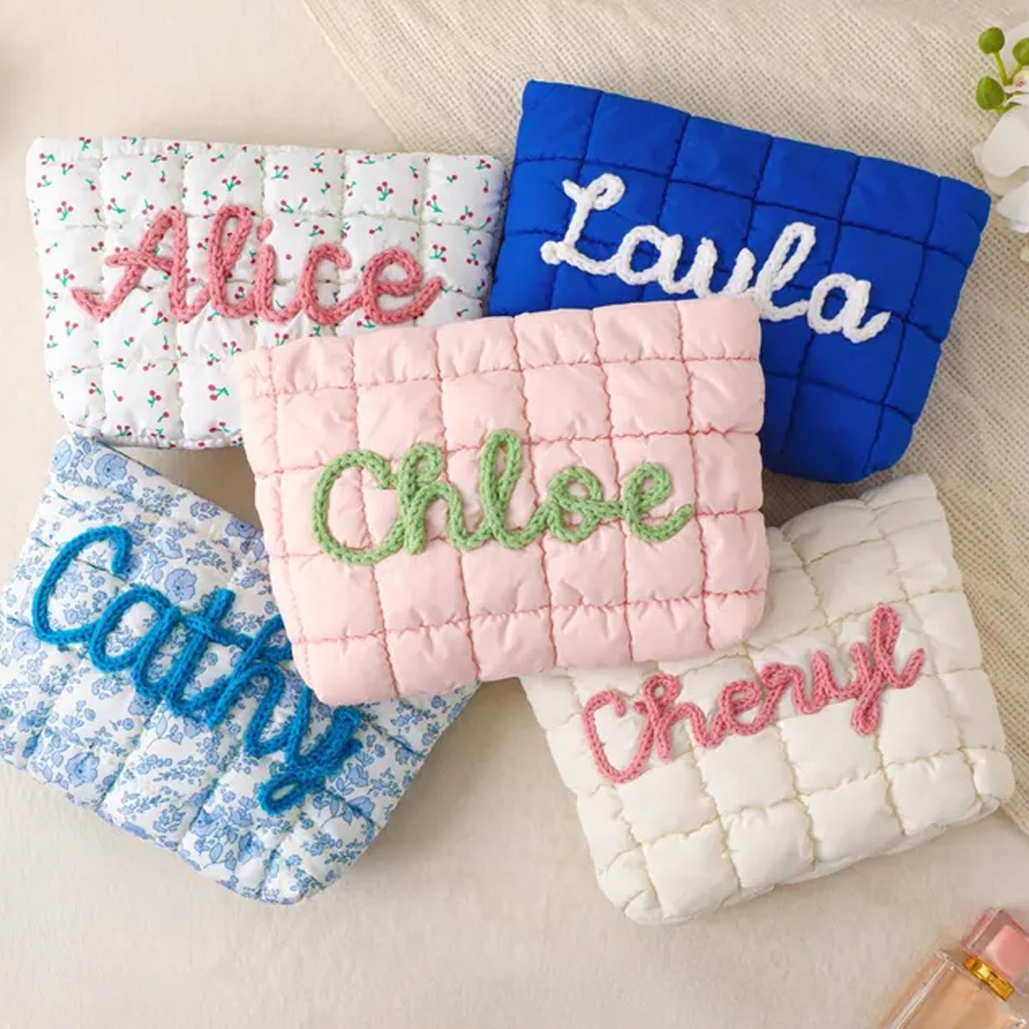 Personalized Quilted Makeup Bag, Custom Name Nylon Cosmetic Pouch, Bridesmaid Gift, Zipper Bag Gift for Her 684812