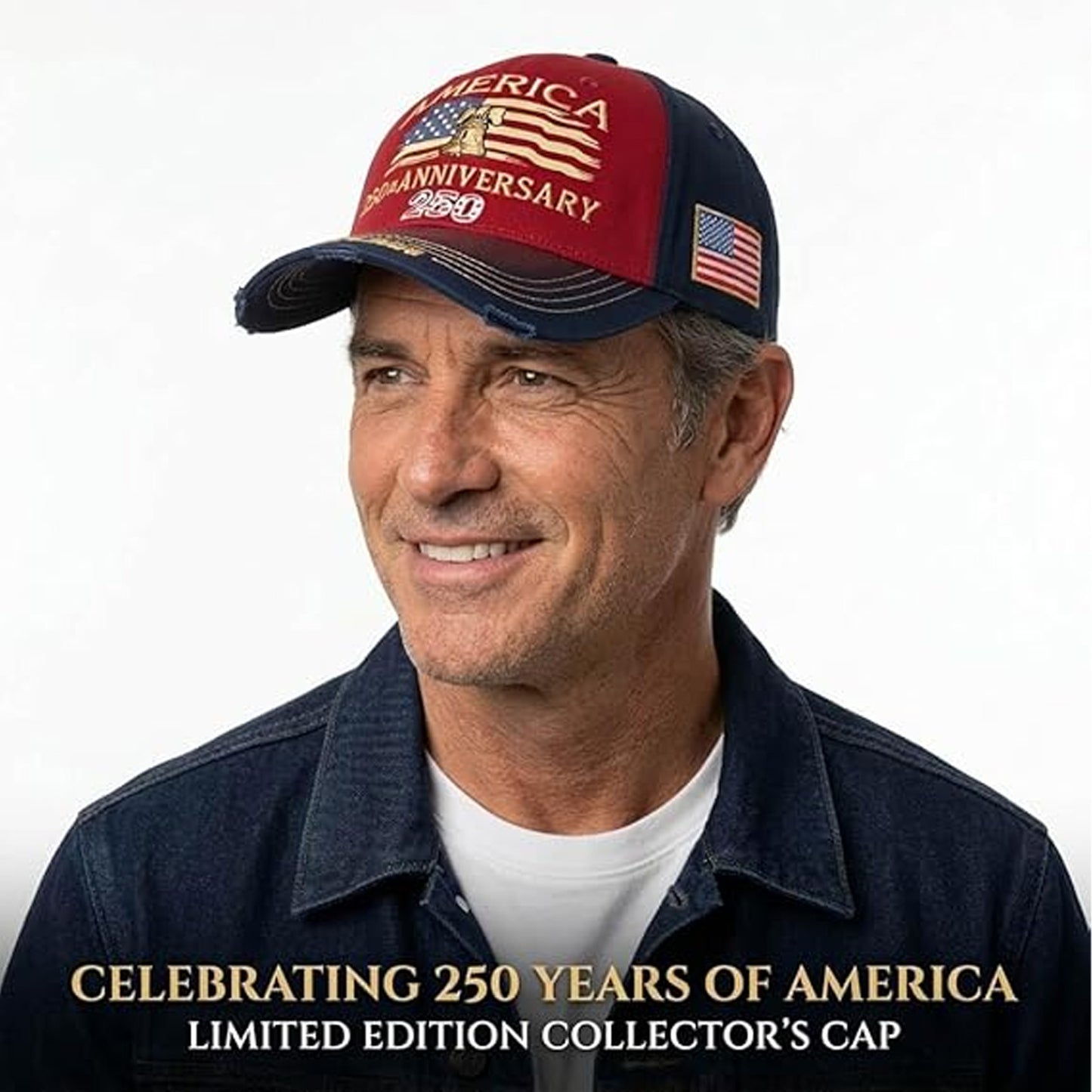 USA 250 Years Anniversary Vintage Washed Baseball Cap, Patriotic 1776-2026 Adjustable Denim Hat 685214 WFD