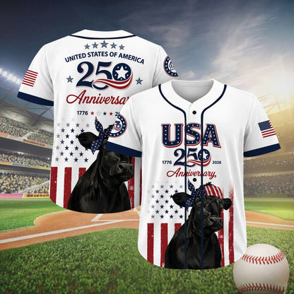 USA 250 Anniversary Black Angus Baseball Jersey, Patriotic Cattle Farmer Shirt, 1776–2026 July 4th Jersey 685259