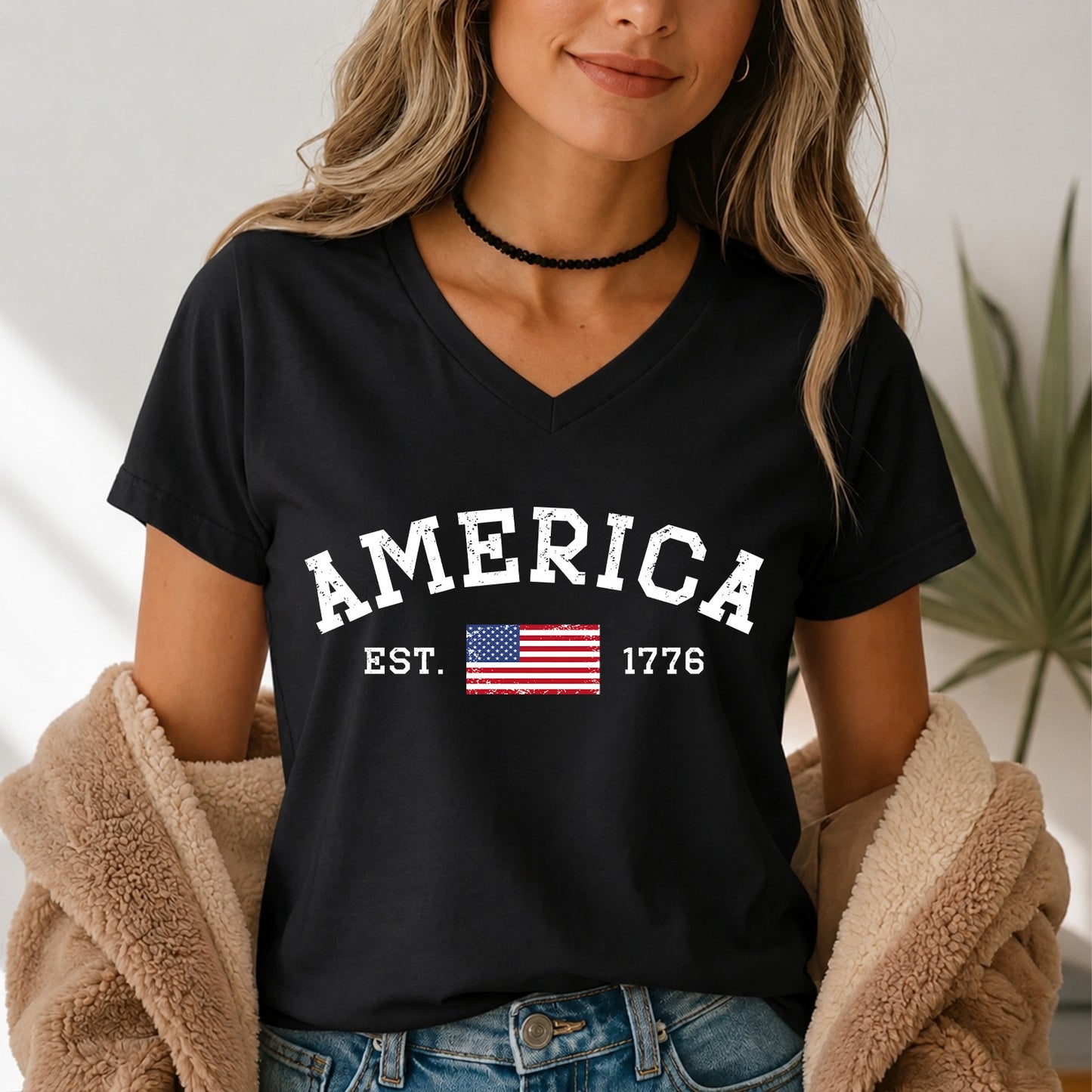 250 Years America V-Neck Shirt, America Est 1776 Patriotic Tee, Minimal USA Flag 4th of July Shirt 685296