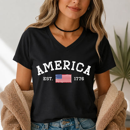 250 Years America V-Neck Shirt, America Est 1776 Patriotic Tee, Minimal USA Flag 4th of July Shirt 685296