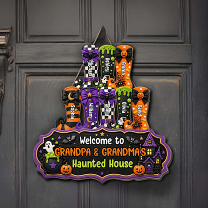 Personalized Halloween Wood Sign, Grandma Grandpa Haunted House Decor, Custom Name Witch Boots Door Sign 685858