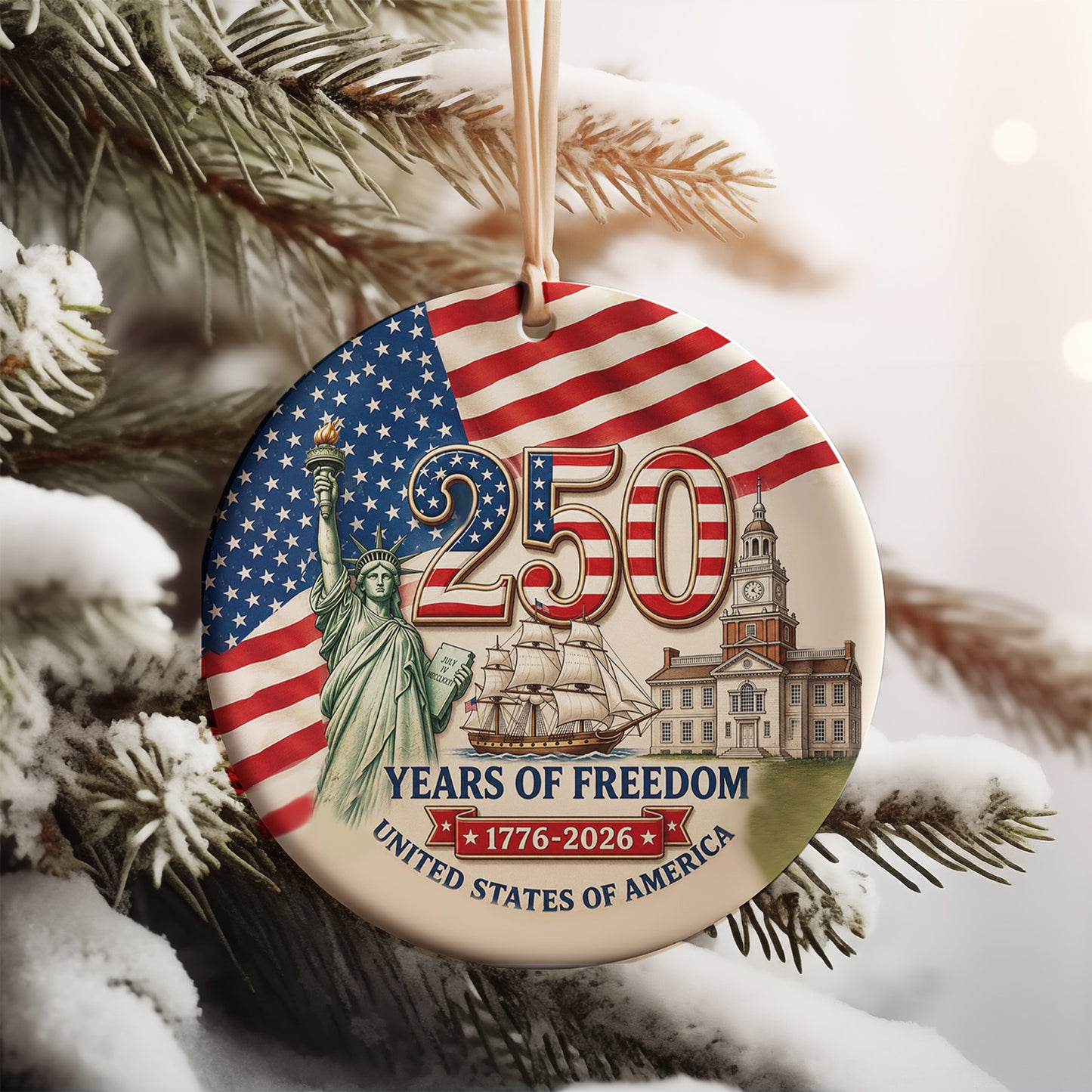 USA 250th Anniversary Ceramic Ornament, 250 Years of Freedom 1776-2026 Patriotic Christmas Decor 685906
