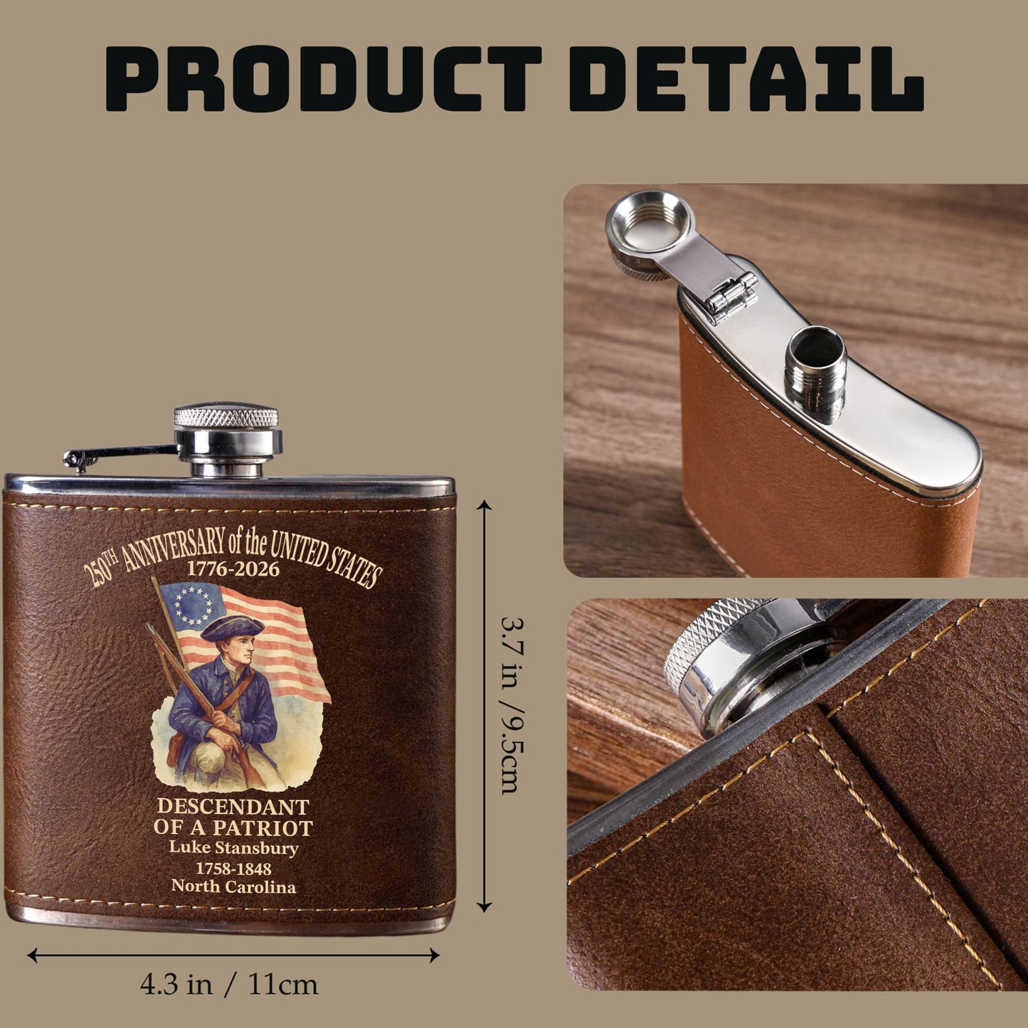 Descendant Of A Patriot Flask, Personalized Leather Flask, 250 Years Anniversary Gift 684597
