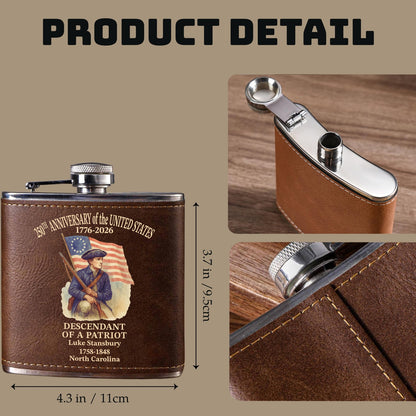 Descendant Of A Patriot Flask, Personalized Leather Flask, 250 Years Anniversary Gift 684597