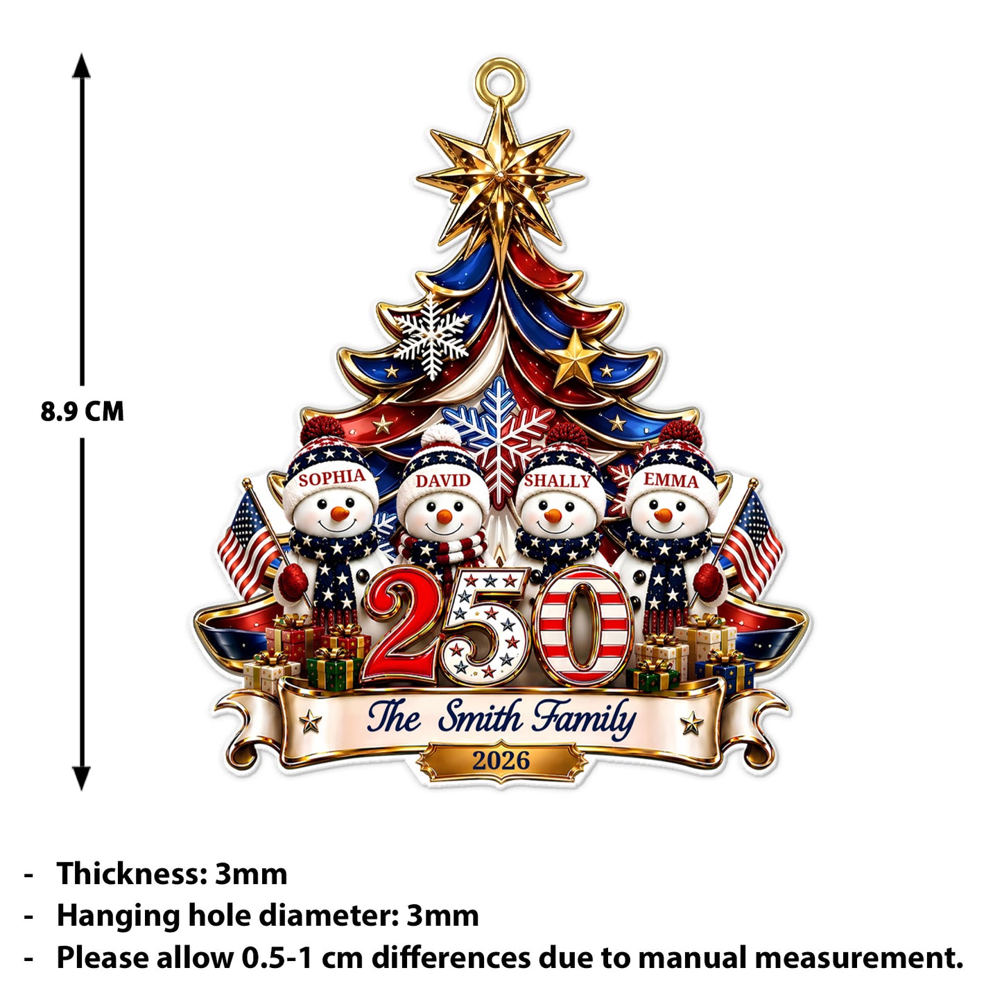 Personalized USA 250th Anniversary Snowman Family Acrylic Ornament, Patriotic Christmas Decor 685856