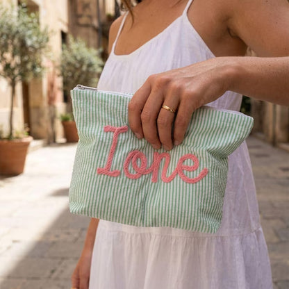 Personalized Seersucker Makeup Bag, Custom Name Travel Pouch, Beach Cosmetic Bag Gift for Her 684924