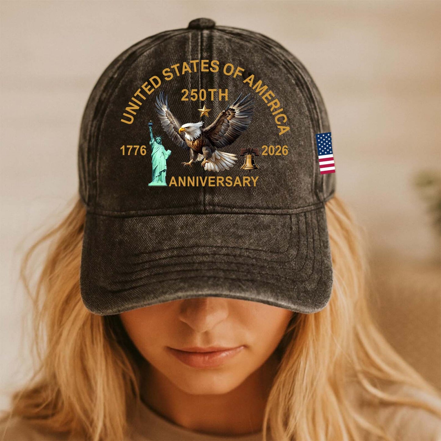 USA 250 Years Anniversary Printed Vintage Washed Denim Baseball Cap | Patriotic US Flag 1776–2026 Hat 684240