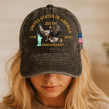 USA 250 Years Anniversary Printed Vintage Washed Denim Baseball Cap | Patriotic US Flag 1776–2026 Hat 684240