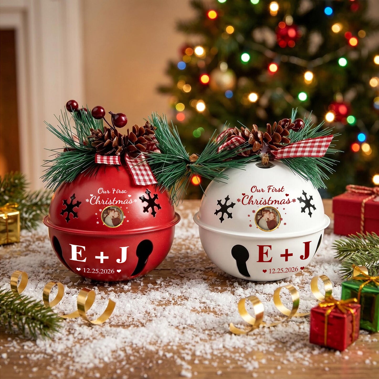 Personalized Our First Christmas Jingle Bell Ornament, Custom Photo Initials Couple Keepsake Gift 685903