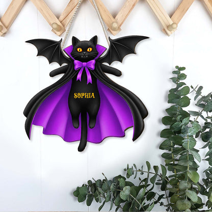 Personalized Halloween Black Cat Vampire Wooden Sign, Custom Name Door Hanger, Gothic Halloween Decor 685855