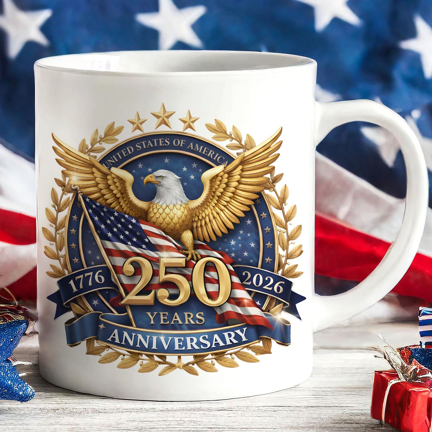 USA 250 Years Anniversary Mug, 4th of July 1776–2026, Patriotic Eagle US Flag White Mug Accent Mug 684223